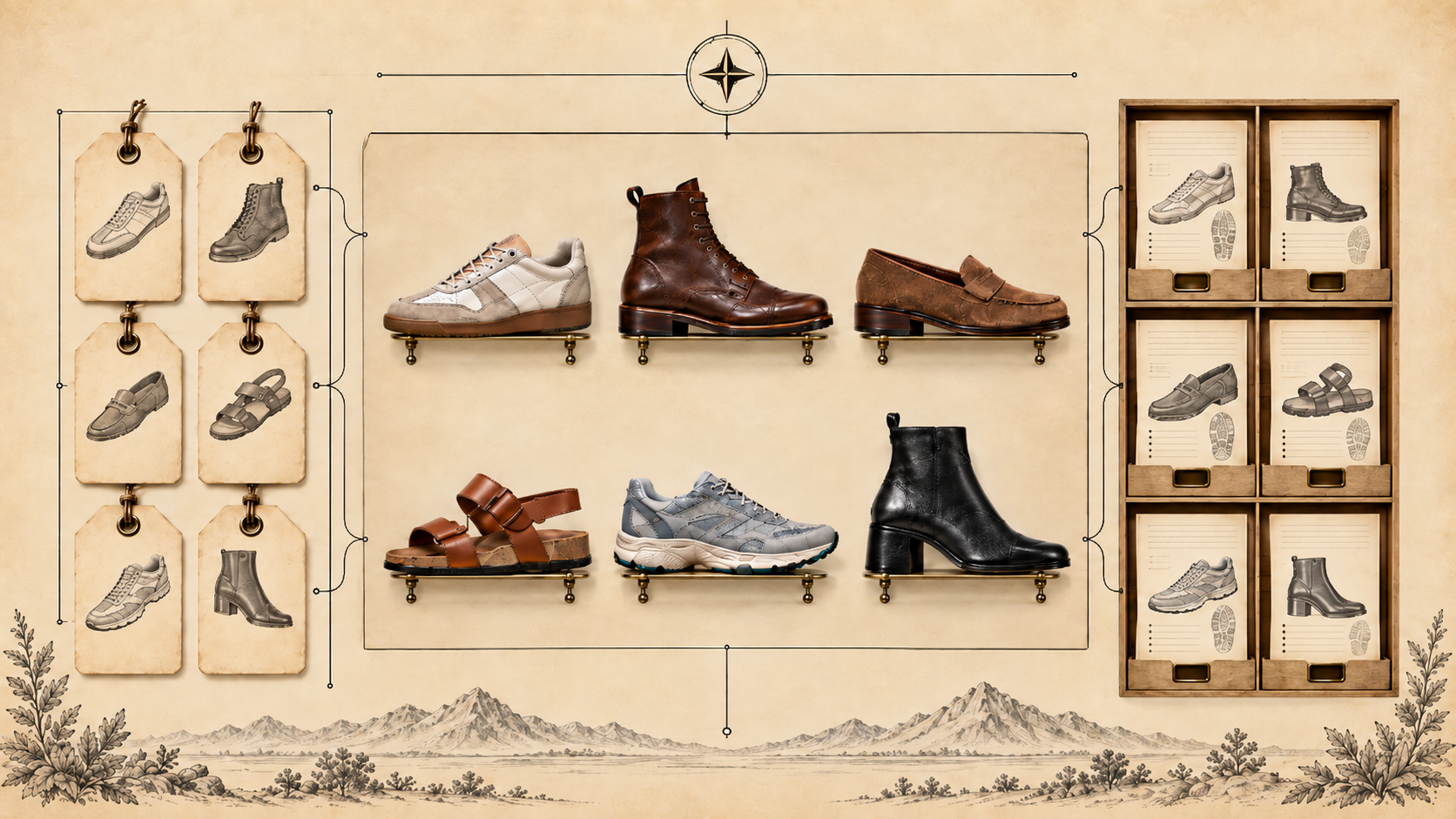 Footwear products tagged and sorted onto category shelves